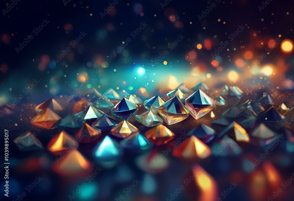 Poster A close-up of many glittering gems in a dark setting with a soft, colorful bokeh in the background.