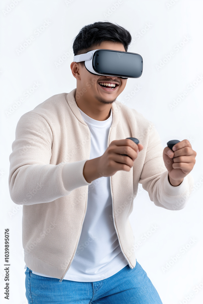 Poster man enjoying vr with a headset and controllers in a bright indoor space