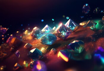 A collection of iridescent gemstones on a dark, textured surface.