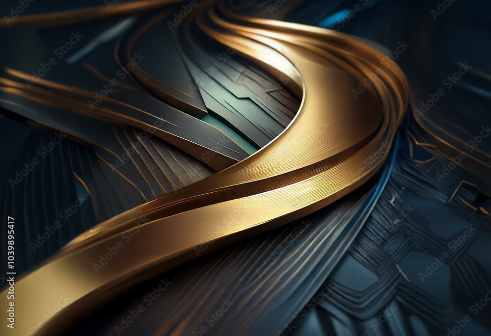 Poster abstract design featuring a golden curved shape over a dark blue textured surface.