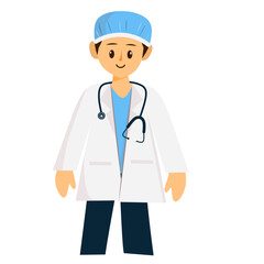 Vector illustration of a male doctor character with a medical uniform and a stethoscope around his neck