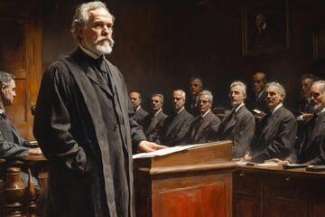 Naklejka premium Courtroom scene with defendant, lawyers, judge in black robe. Generative AI