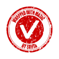 Wrapped with magic by santa claus rubber stamp for delivery gift, vector of delivery gift for christmas tree, holiday packaging seal illustration