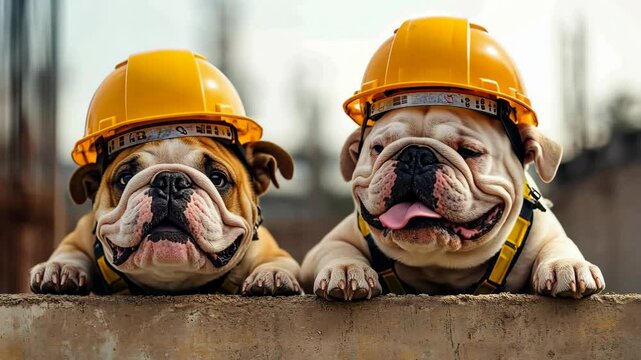 Two bulldogs wearing yellow hard hats are peeking over a concrete wall