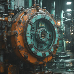 Engineer operator repairs valve equipment in plant industry	, machine.