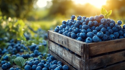 Wooden box overflowing with vibrant blueberries on a rustic table set against a green field on a sunny day leaving ample room for text