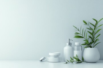 Elegant arrangement of skincare products with green plants in a minimalist setting