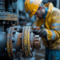 Engineer operator repairs valve equipment in plant industry	, machine.
