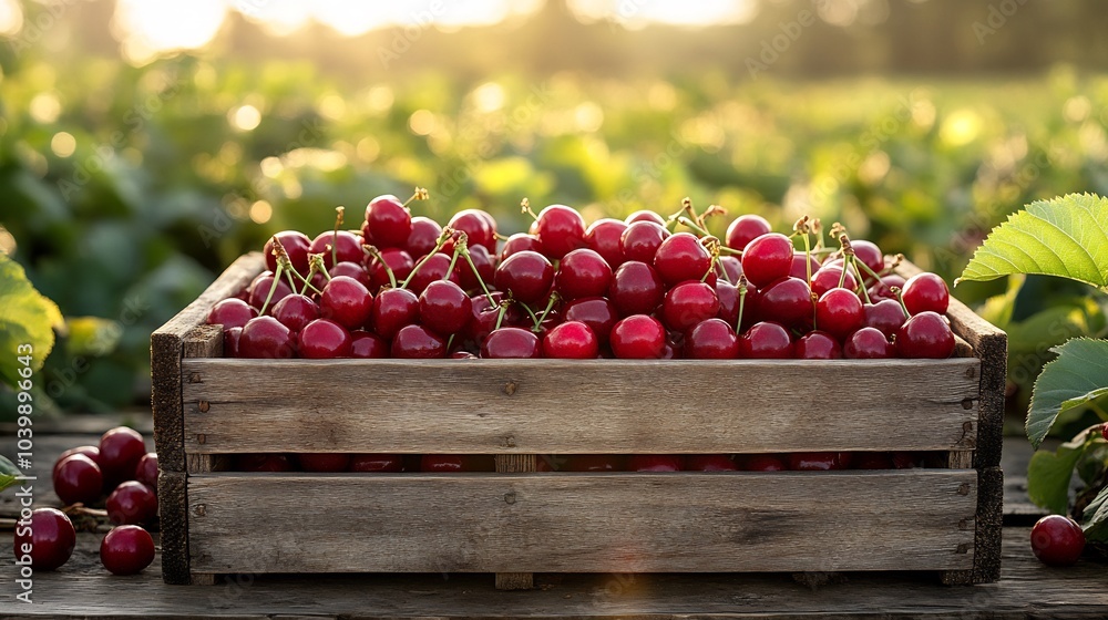 Poster wooden crate filled with bright red cherries on a table with a lush green field stretching out in th