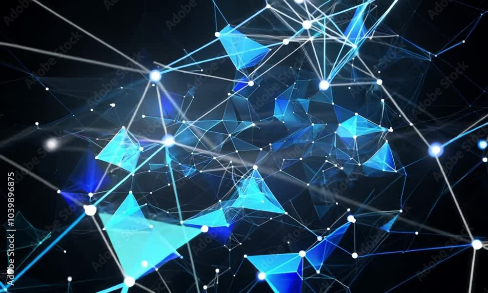 Poster complex web of blue connectivity nodes polygonal video animation. digital innovation. poly structure