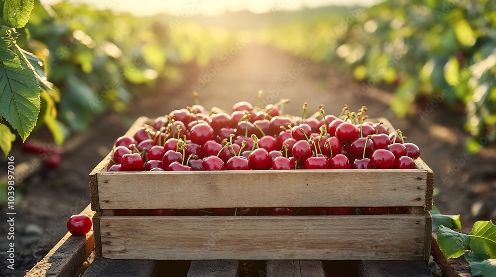 Poster wooden crate filled with bright red cherries on a table with a lush green field stretching out in th