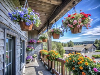 Country House Veranda Decorated with Colorful Flower Planters for a Charming Rural Aesthetic