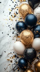 Fototapeta premium Black, Gold, and White Balloons with Confetti on Marble Background