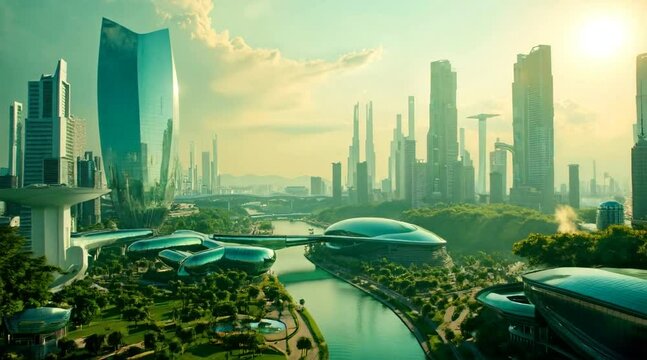 A futuristic megacity surrounded by nature, with transparent glass skyscrapers towering above vast green parks, and a river running through the city center.
