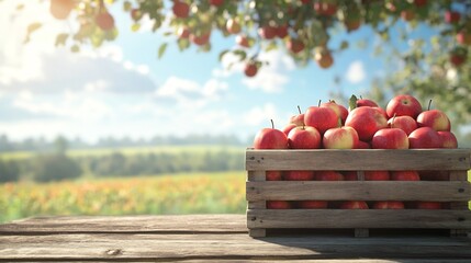 Wooden crate filled with freshly picked apples sitting on a wooden table with a vibrant green field in the background on a sunny day leaving ample room for text