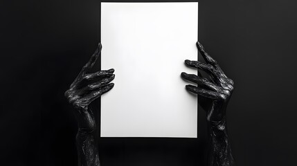 Scary black hands hold a blank sheet of paper, created with Generative AI technology