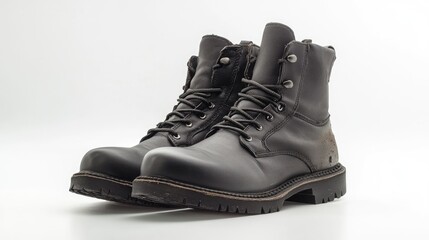 A pair of black leather boots with laces and a zipper on a white background.