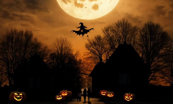 A spooky Halloween scene featuring pumpkins, a haunted house, bats, and a full moon against a dark sky, capturing the eerie essence of October