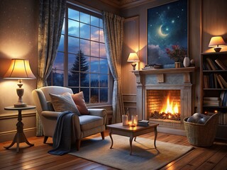 Fototapeta premium Cozy Bedroom with Fireplace and Plush Decor for Relaxation and Comfort