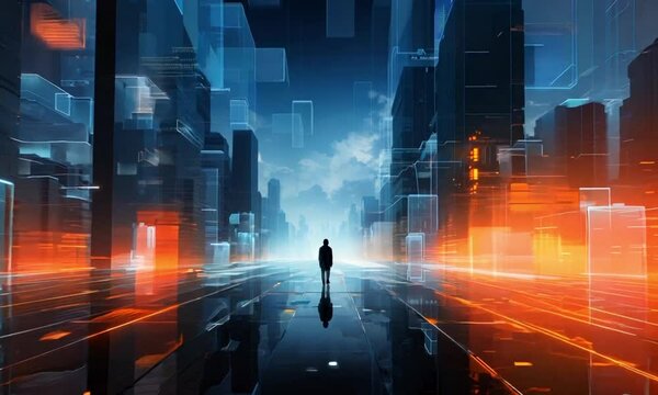 Silhouette of person against futuristic cityscape video animation. Transparent digital blueprints glowing animated footage HD clip seamless motion graphics. Future skyline tech concept - Powered by Adobe