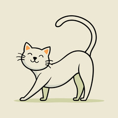 The white cat bends and stretches its paw forward with its tail raised. Cartoon vector character