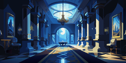 An empty corridor in a castle at night. Cartoon vector illustration © Veronica