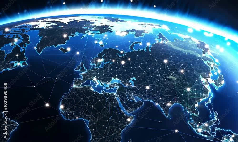 Poster network of global interactions video animation. virtual world map with bright connection points anim