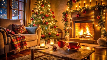 Cozy Christmas Night by the Fireplace: Warmth and Comfort in a Festive Living Room