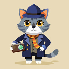 Kost is standing in a Sherlock Holmes costume and holding a camera in his hands