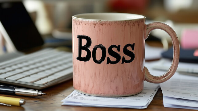 A mug with "Boss", placed a computer office with papers