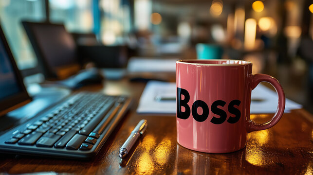A mug with "Boss", placed a computer office with papers