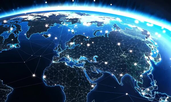 Network of global interactions video animation. Virtual world map with bright connection points animated footage HD clip seamless motion graphics. Worldwide connectivity concept