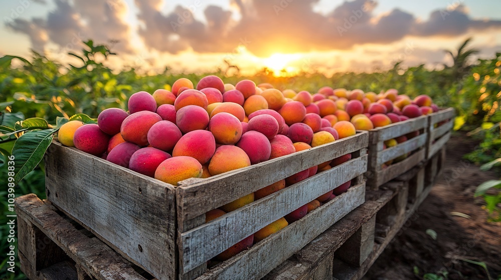 Poster wooden crate packed with colorful mangoes on a rustic table set against a vibrant green field under 