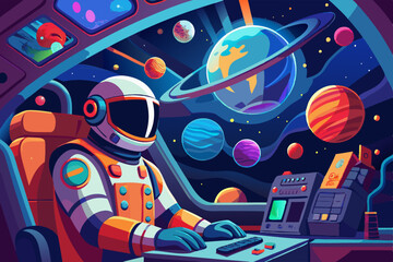 An astronaut sits in a spaceship, with planets and galaxies visible outside the window
