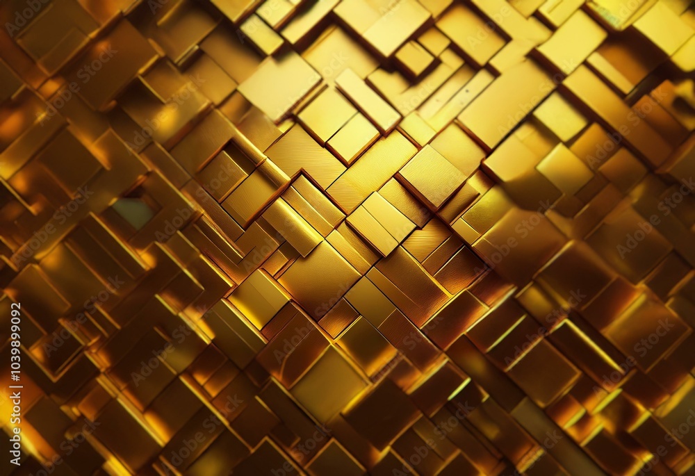 Poster a close-up of an abstract pattern of gold, rectangular shapes.
