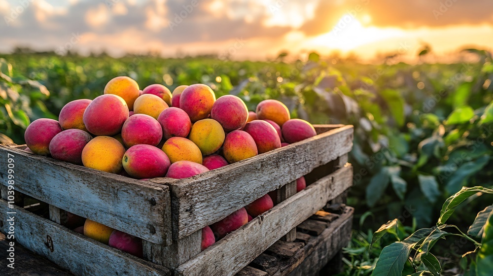 Poster wooden crate packed with colorful mangoes on a rustic table set against a vibrant green field under 