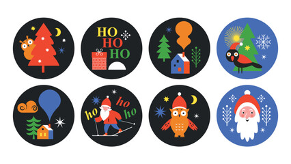 Set of Christmas round stickers with Christmas design elements, label, gift cards collection