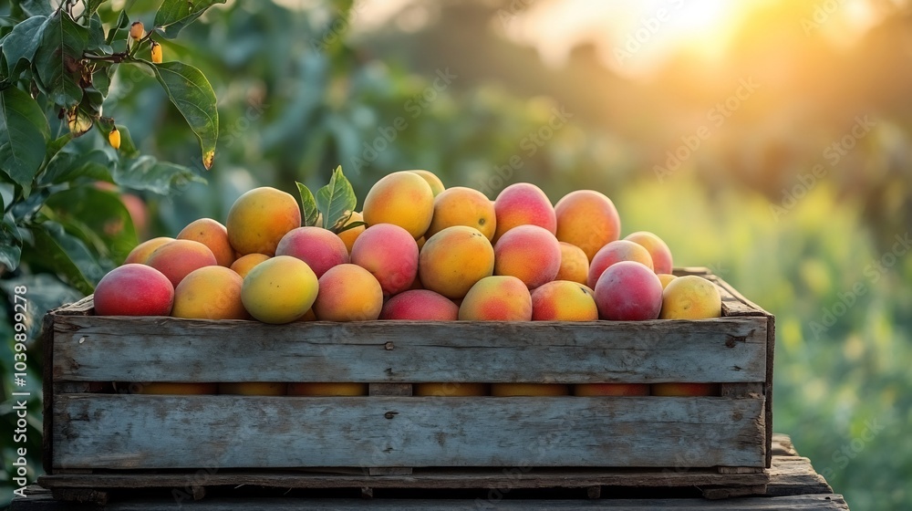 Aufkleber wooden crate packed with colorful mangoes on a rustic table set against a vibrant green field under 