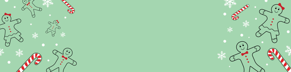 Creative Christmas and New year design banner template. Gingerbread, candy canes and snowflakes texture. Decorative background template for card or banner designs. 