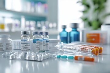 Assorted medical vials and syringes displayed in a well-lit laboratory setting
