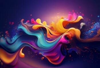Abstract colorful fluid swirls on dark background with glittery accents.
