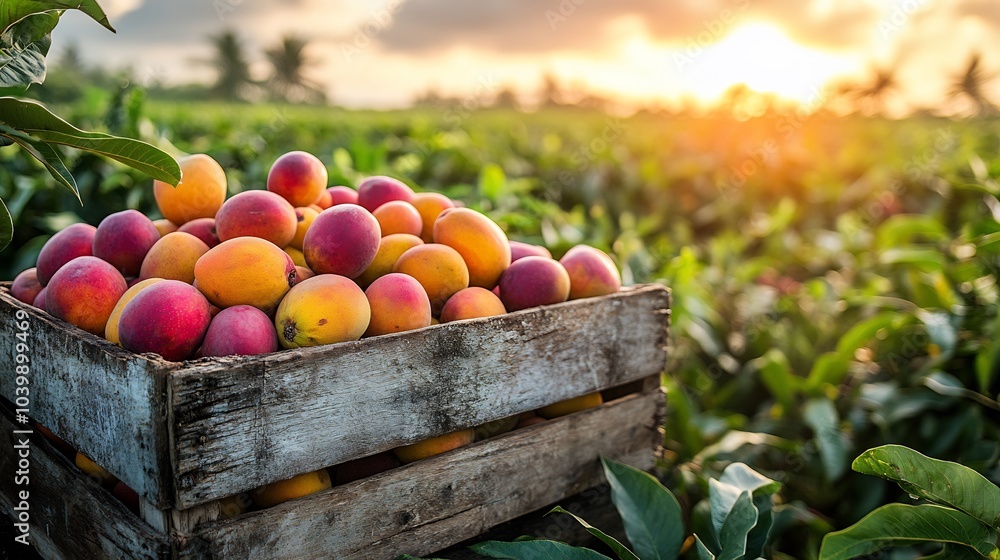 Aufkleber wooden crate packed with colorful mangoes on a rustic table set against a vibrant green field under 