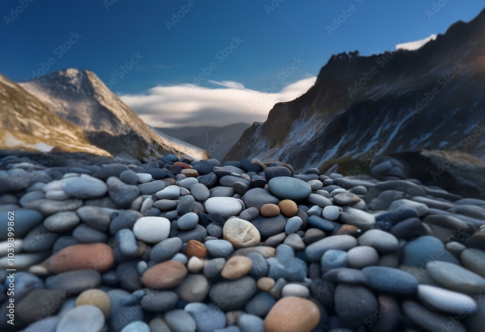 Aufkleber a close-up view of smooth, gray river rocks. the rocks are layered in front of snow-capped mountains