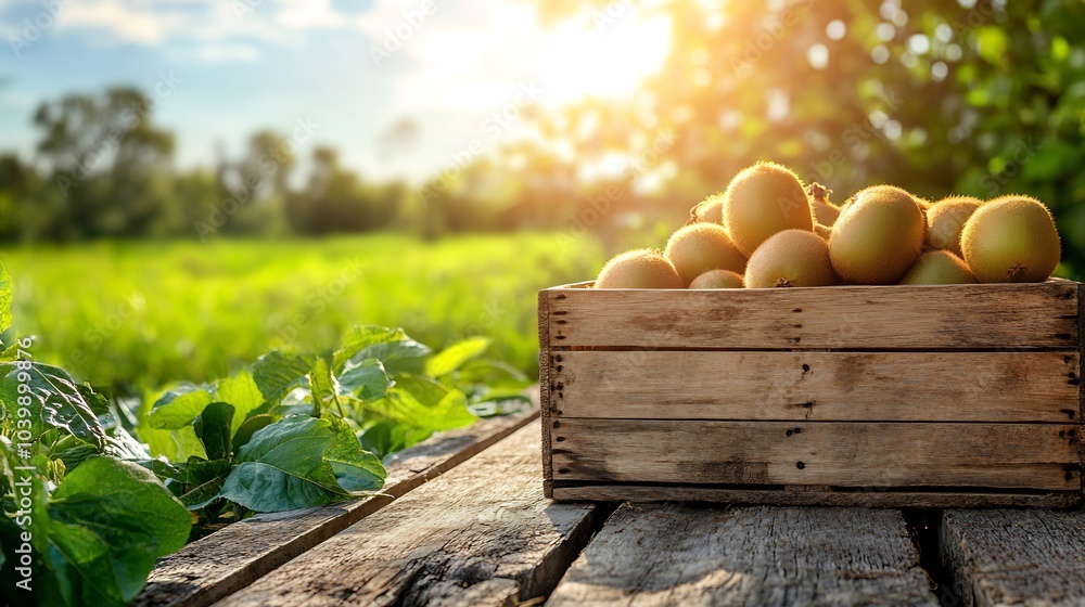 Poster wooden crate packed with fresh kiwis resting on a table against a bright green field under a clear s