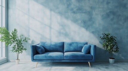 Blue Sofa Against Concrete Wall in Scandinavian Style