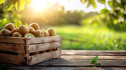 Wooden crate packed with fresh kiwis resting on a table against a bright green field under a clear sunny sky creating the perfect space for text