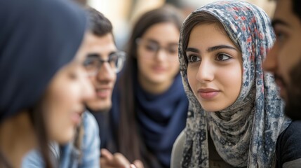 Obraz premium Young Middle Eastern Woman Engages in Group Conversation