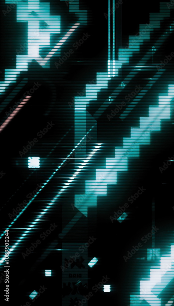 Poster pixelated abstract pattern with teal and black glitch effect futuristic digital art concept vertical