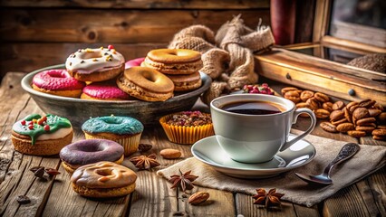 Cozy Morning Coffee Scene with Assorted Cookies and Cakes for a Warm Start to Your Day
