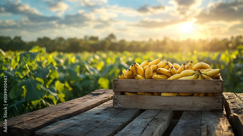 Poster wooden crate packed with ripe bananas on a rustic table framed by a bright green field under a sunny